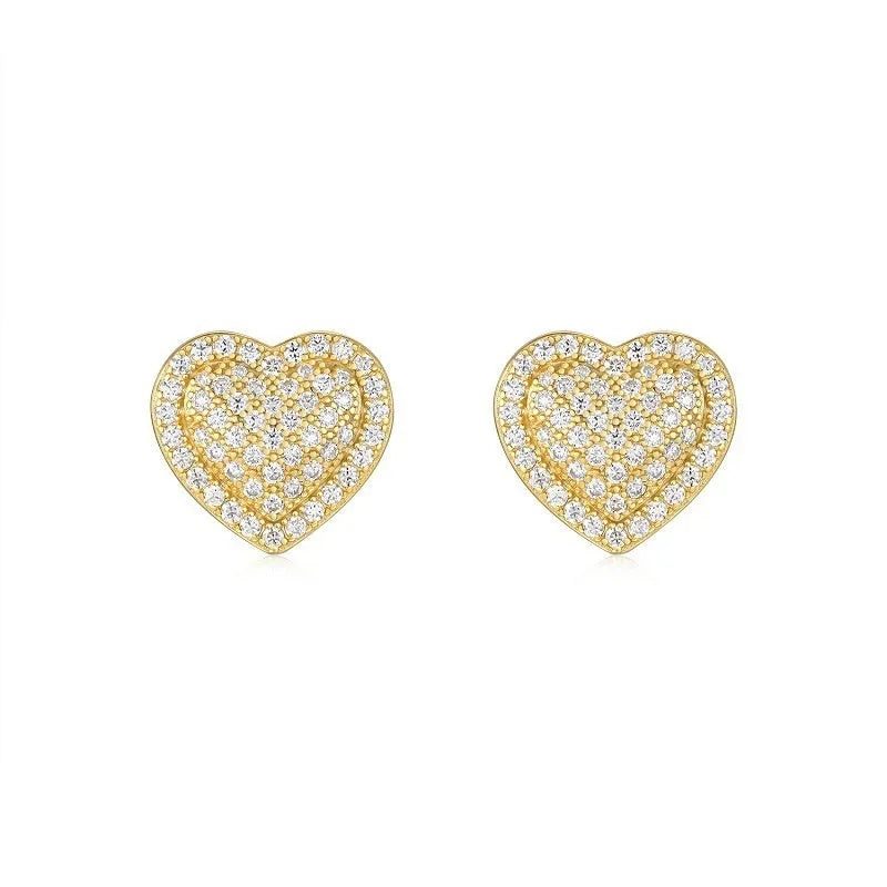 Gold-coloured heart-shaped moissanite stud earrings on S925 silver with secure fastening back
