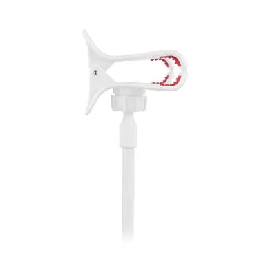 Black flexible long arm phone holder with V-clip attached to a bed frame, holding a smartphone.