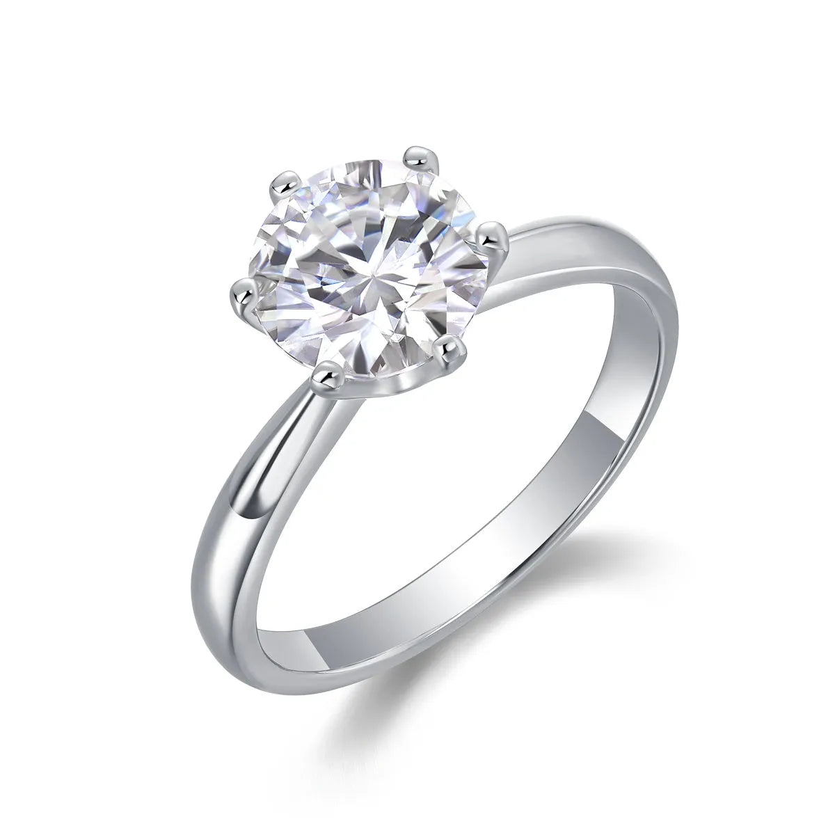Classic six-prong moissanite wedding ring with platinum-plated S925 silver, 1-5 carat options, ring sizes 5-9