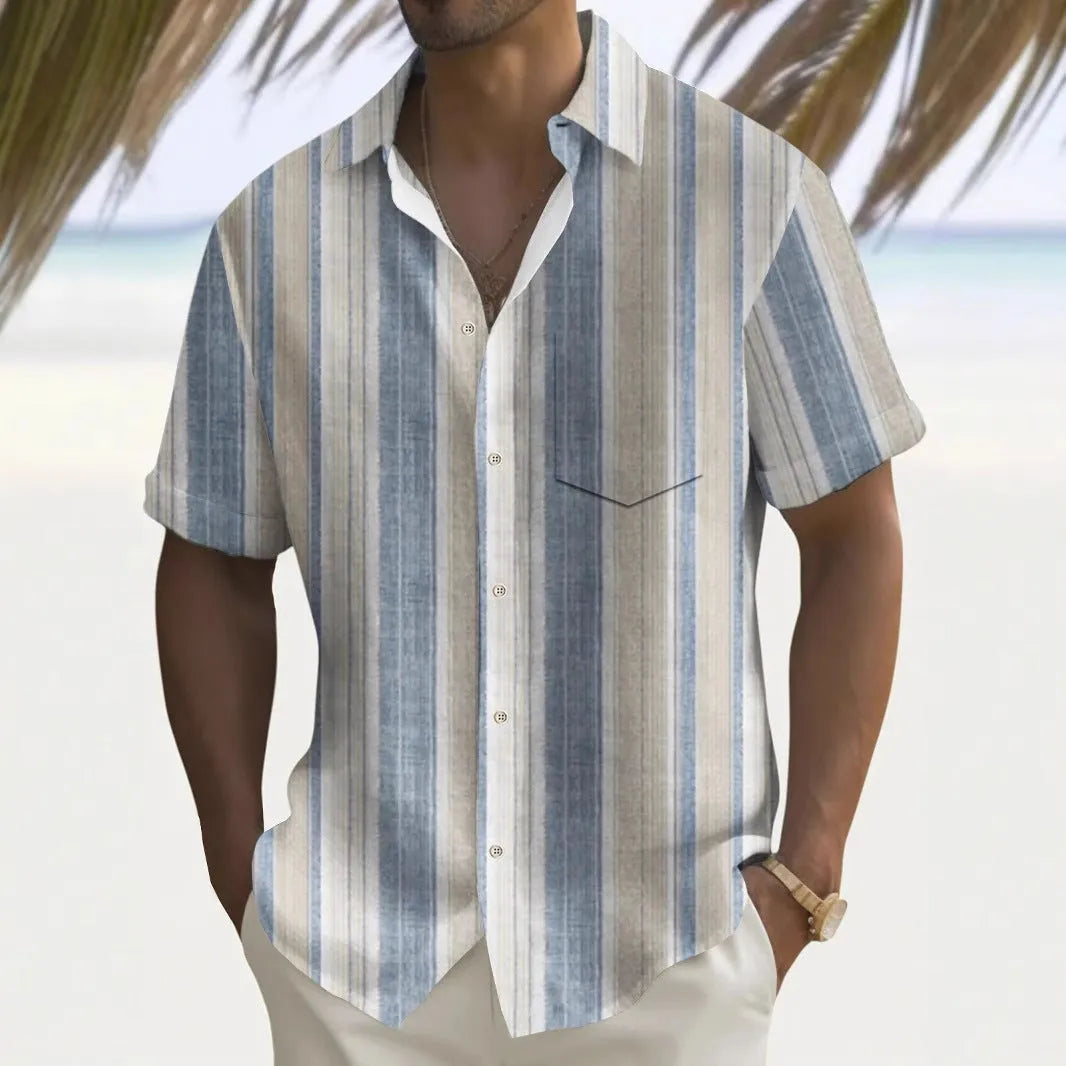Men's multicolour printed loose fit leisure shirt in polyester fabric with cardigan style front