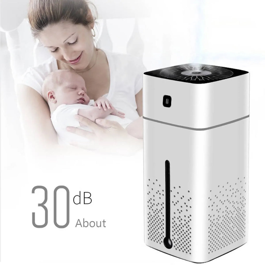 Black and white desktop humidifier measuring 103x103x218mm with USB connection port