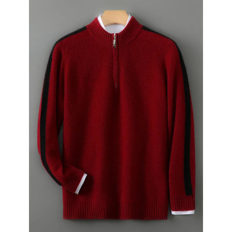 Sheep wool slim fit sweater with half-height zip in Raw Velvet Camel colour on hanger