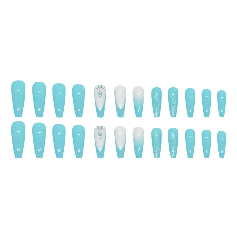 Smart blue diamond press-on nails with long ballet shape and debris pattern