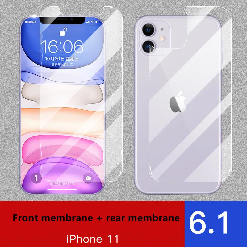 Tempered glass screen and rear camera protectors for Apple iPhone models on a white background.