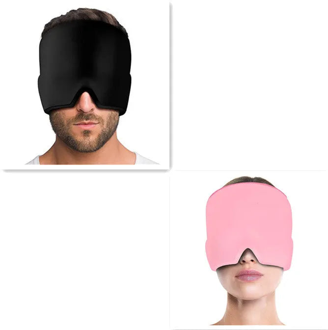 Black reusable gel ice mask for eyes and forehead on a white background