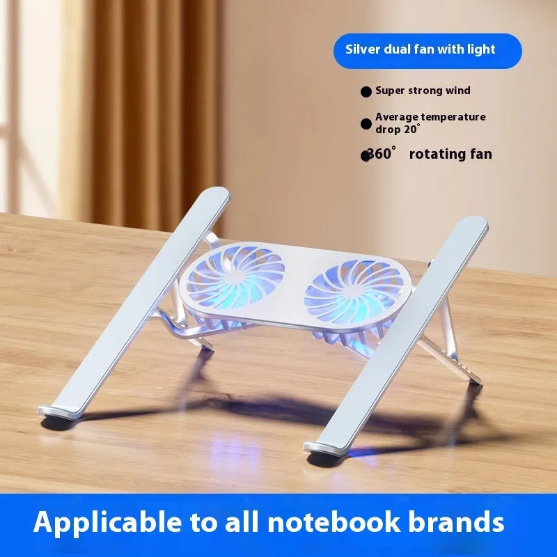 Silver aluminium laptop cooling stand with twin fans in folded and unfolded positions