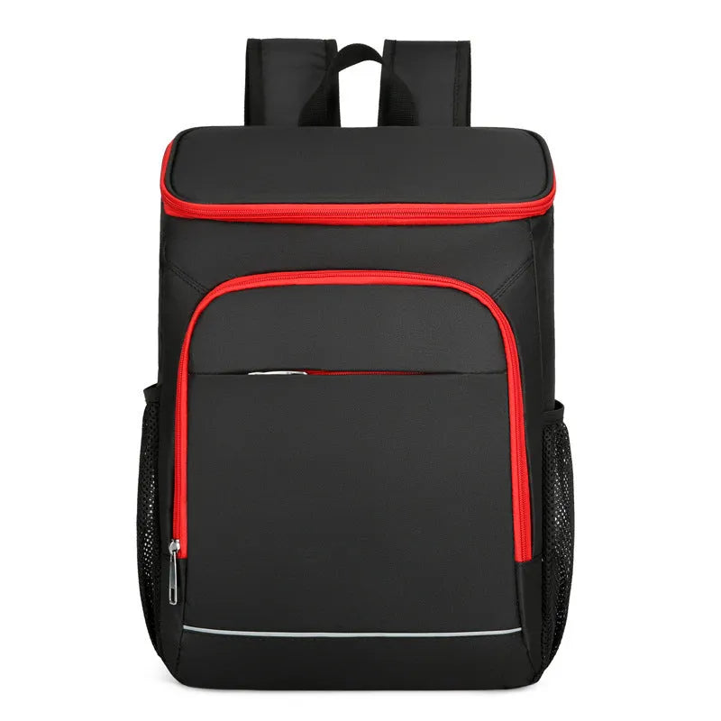 Large black outdoor backpack with thermal insulation function and curved shoulder straps for camping storage