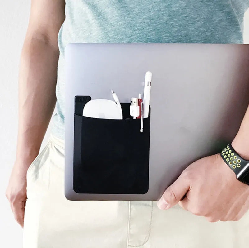 Black adhesive laptop back storage bag 15x12cm self-adhesive Lycra with pen loop