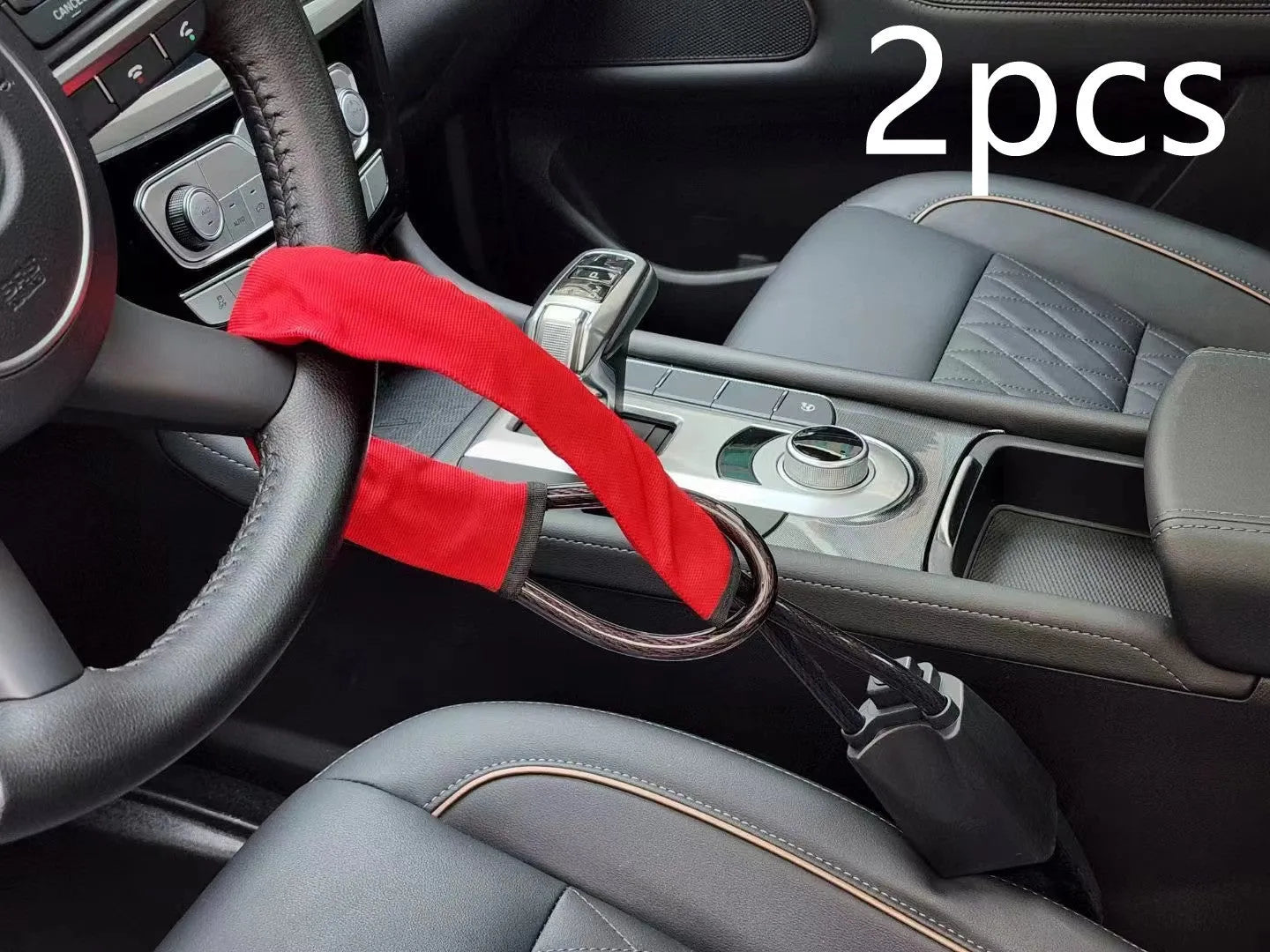 Red iron steering wheel lock with cable design for General Motors cars showing 33cm size