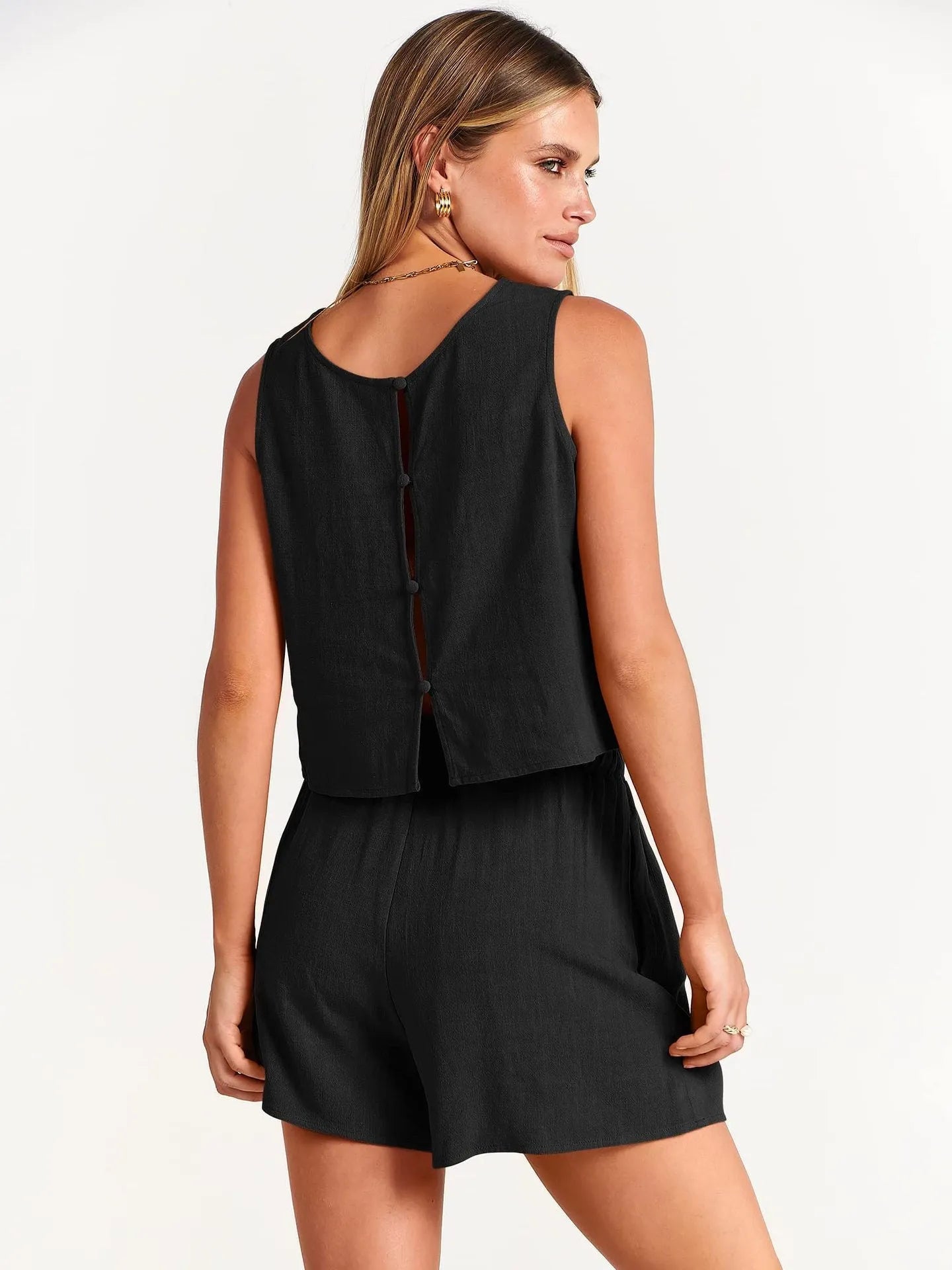 Women's two-piece summer set with sleeveless top and drawstring shorts in rayon linen blend available in multiple colours
