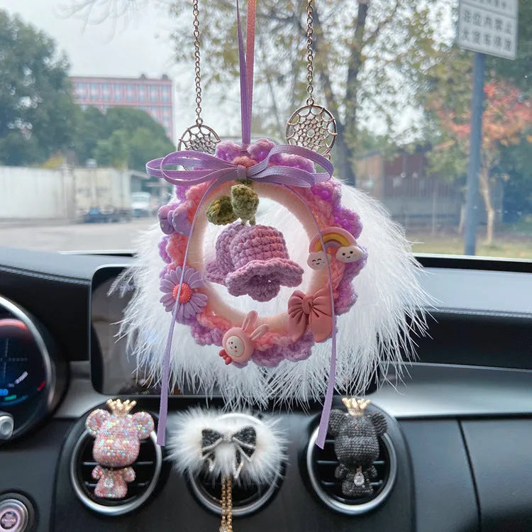 Handmade woven wool bell orchid car pendant in multiple colour options