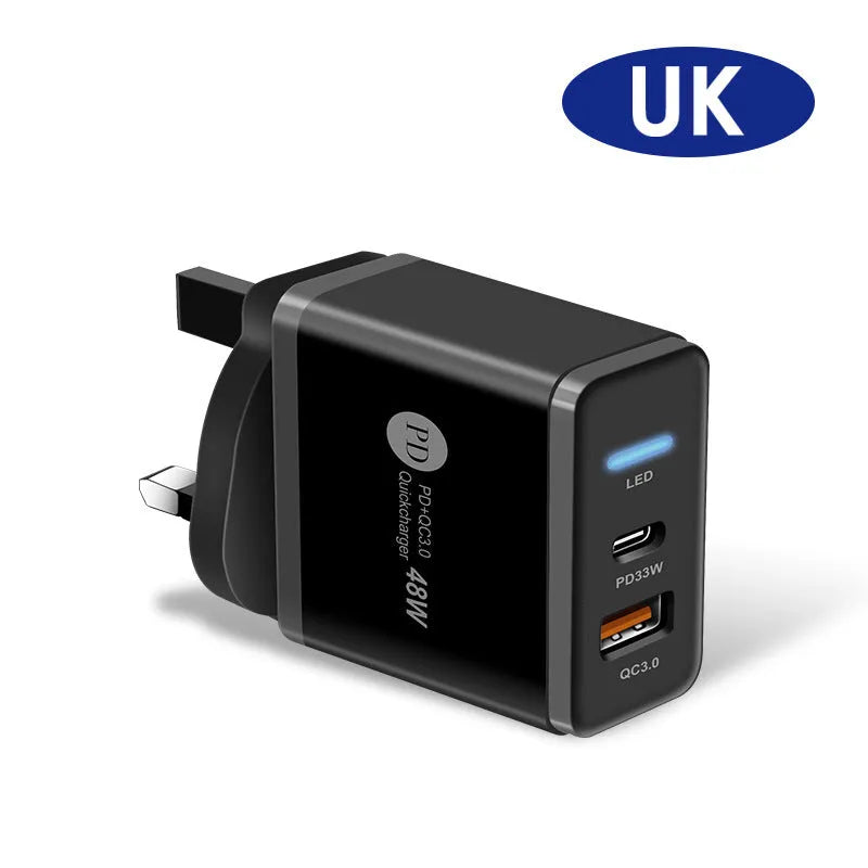 PD48W fast travel charger with UK standard three-pin plug and Type-C USB port