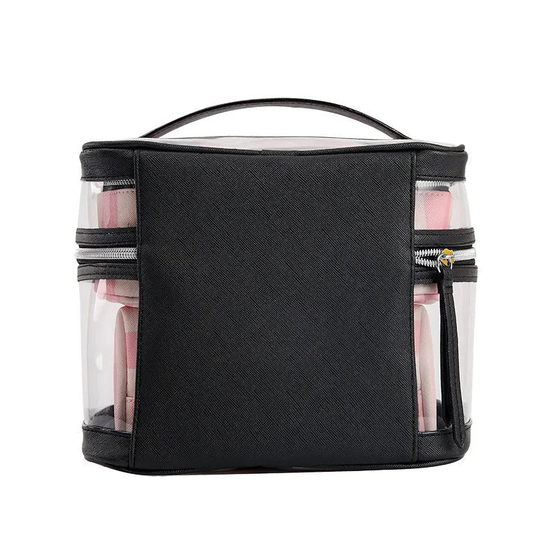 Buggy bag makeup kit in pink bold stripes with floral pattern and synthetic leather construction