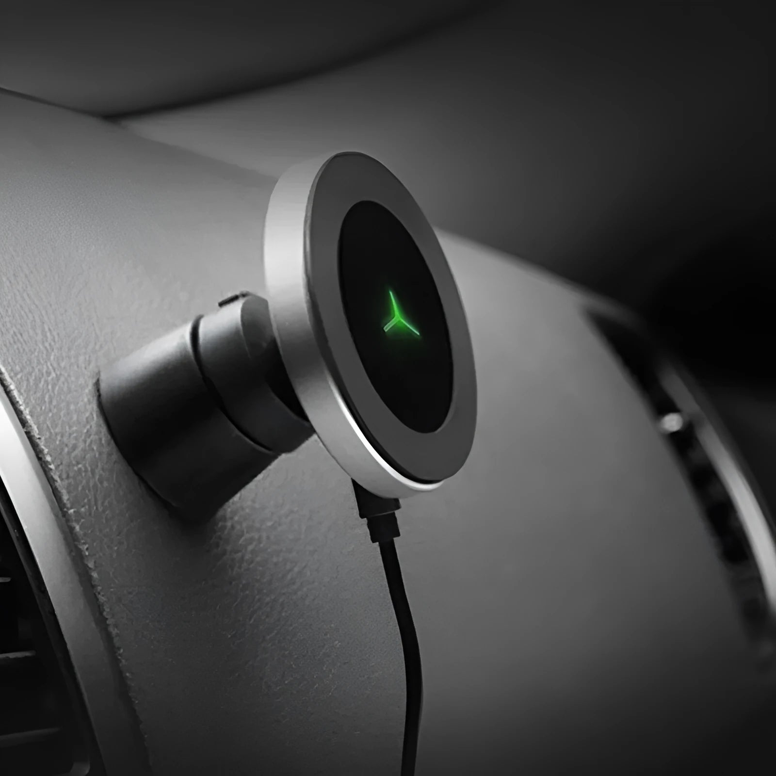 Magnetic car wireless charger with 10W fast charging, black finish, cigarette lighter power, and magnetic phone holder