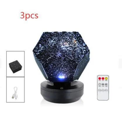 LED star projector showing 3D constellation projection on bedroom ceiling with remote control