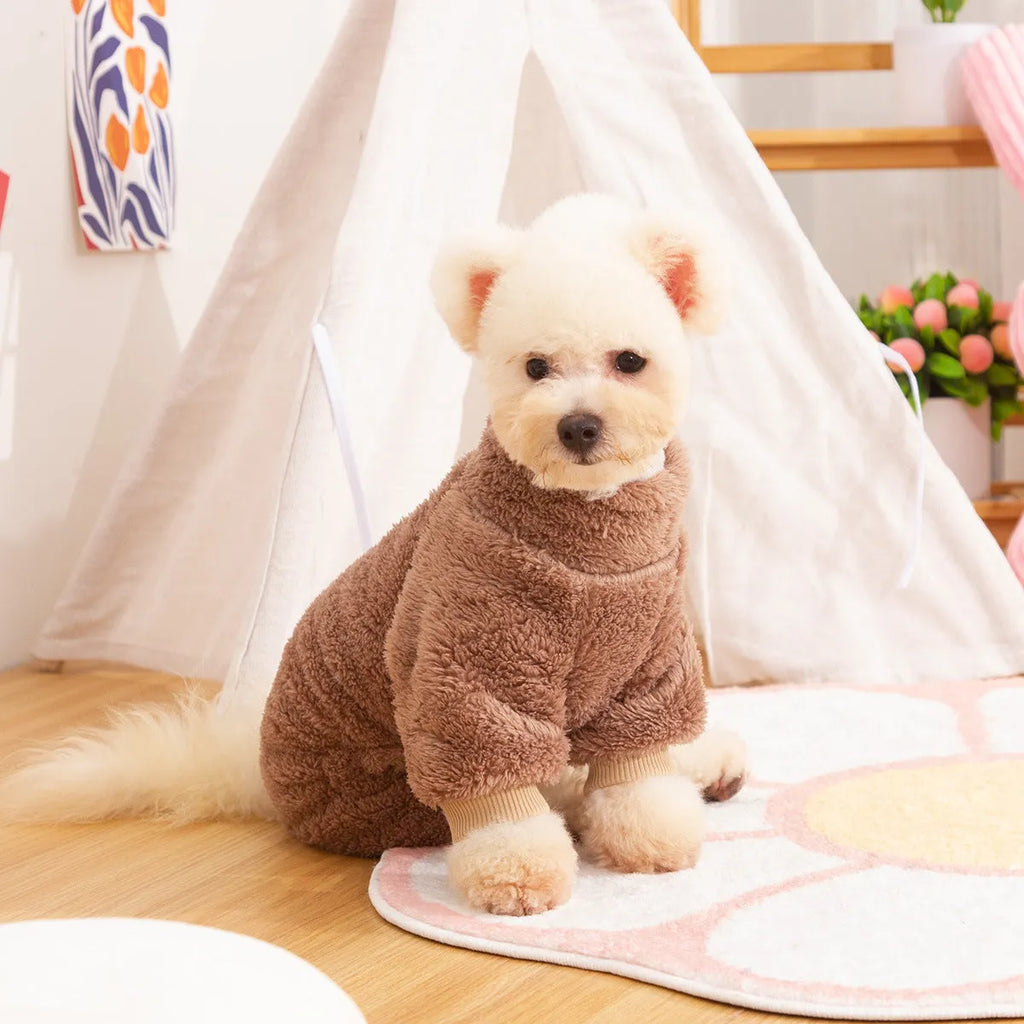 Double-sided thick plush dog clothes with high collar and towing ring in khaki pink or blue