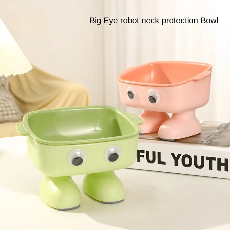 Robot-shaped elevated cat bowl with 15-degree tilt design in green colour