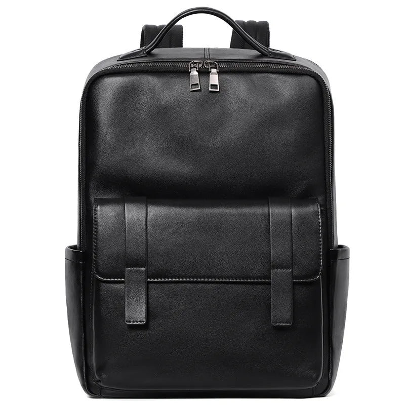 Black genuine leather men's business laptop backpack with 36-55L capacity showing weaving design details