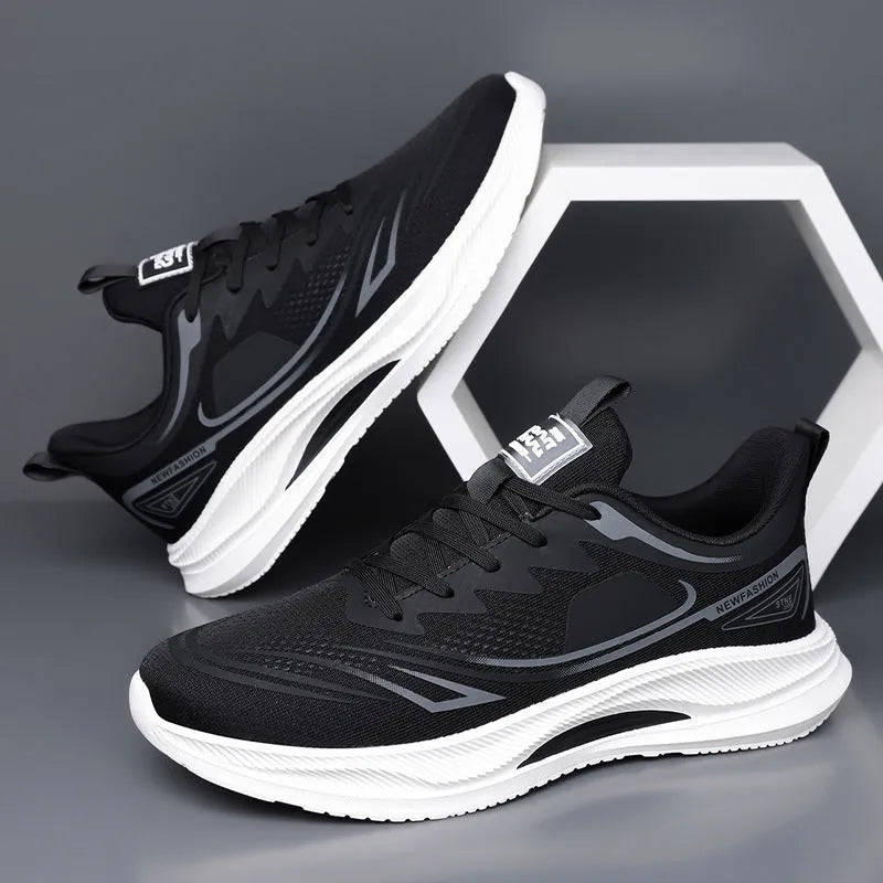 Men's black and blue fly woven mesh casual sneakers with a round toe and low platform sole.