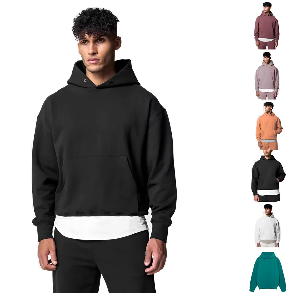 Men's cotton hoodie and jogger tracksuit set in black with pullover top and trousers for sports