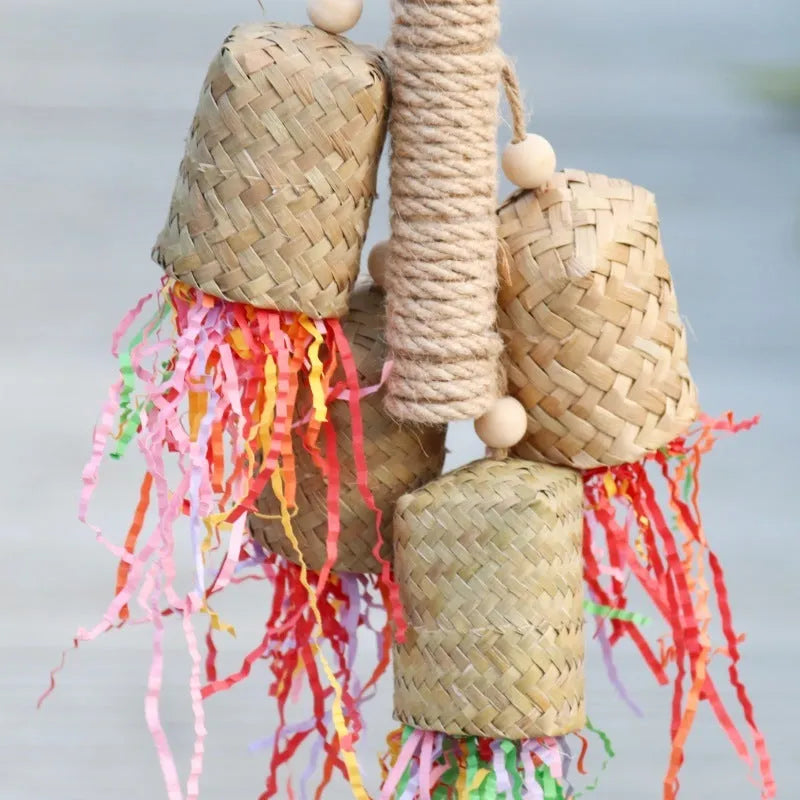 Colourful shredded paper bird chewing toy made from natural wood and sisal rope for parrots
