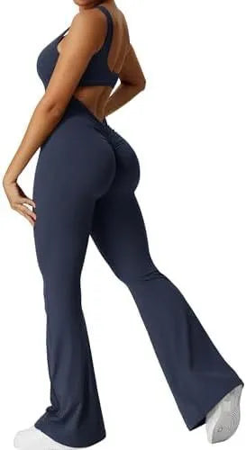 Women's sleeveless flare jumpsuit long pants in Army Green colour for yoga fitness.