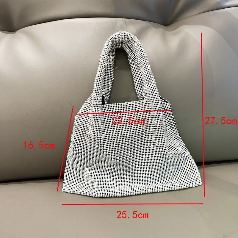 Silver shiny rhinestone dinner bag party handbag for women with open pocket
