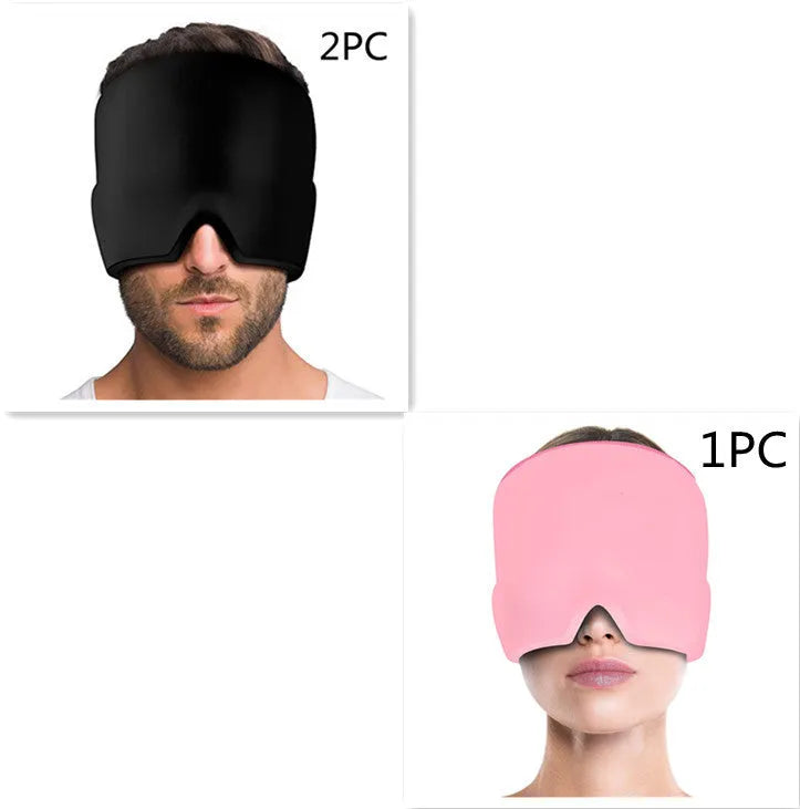 Black reusable gel ice mask for eyes and forehead on a white background