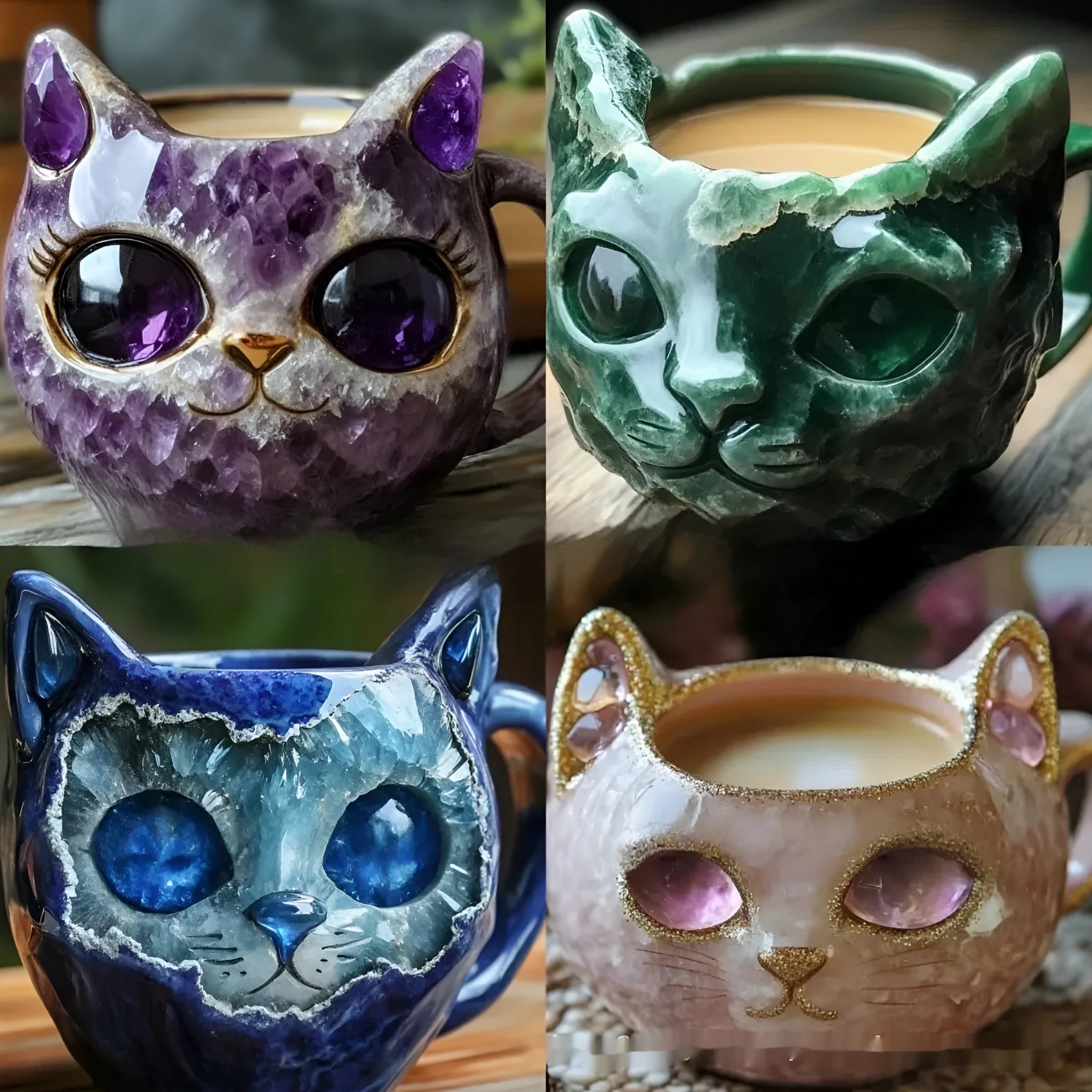 Purple resin geode mug with crystal pattern and cat decoration measuring 11cm height