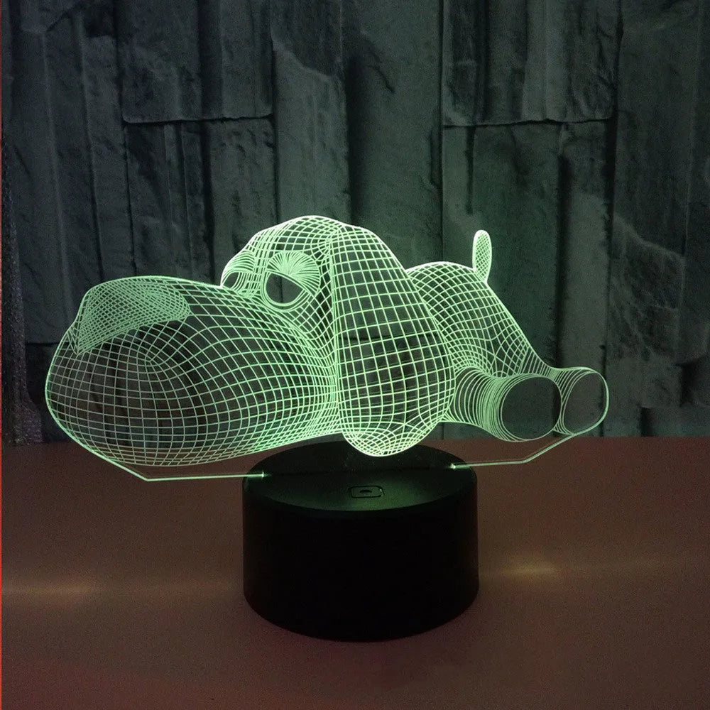 3D illusion dog desktop lamp showing colour changing options including red, green, blue, yellow, cyan, purple, and white