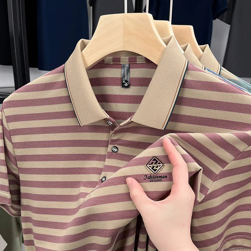 Men's striped short sleeve shirt with mosaic pattern in polyester fabric