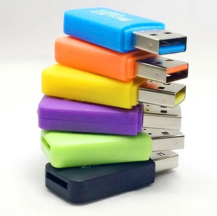 Mini USB card reader with TF MicroSD and SD slots for data transfer to computers
