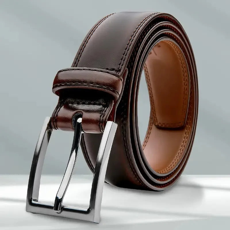 Men's brown genuine leather belt with alloy buckle showing 95 pattern grain, laid flat to display length.