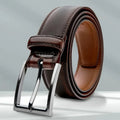 Men's brown genuine leather belt with alloy buckle showing 95 pattern grain, laid flat to display length.