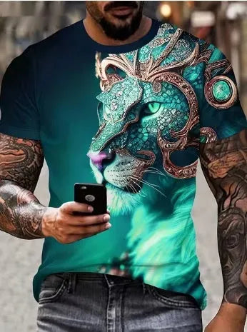 Men's grey T-shirt with raised 3D lion design print on chest, showing dimensional animal graphic