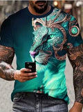 Men's grey T-shirt with raised 3D lion design print on chest, showing dimensional animal graphic