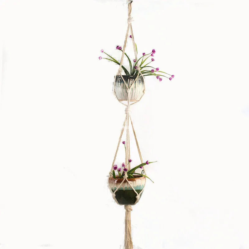 Woven wire plant hanger with cotton rope and jute twine in multiple style configurations