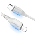 White nylon-braided USB-C to Lightning cable measuring 1 metre with aluminium connectors