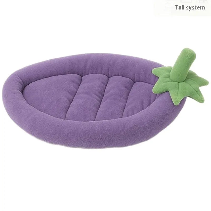 Removable washable cloth dog bed mat in brown, shown next to size labels S, M, L, XL, XXL.
