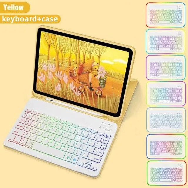 iPad leather protective case with built-in luminous RGB backlit Bluetooth keyboard and optional mouse in various colours.