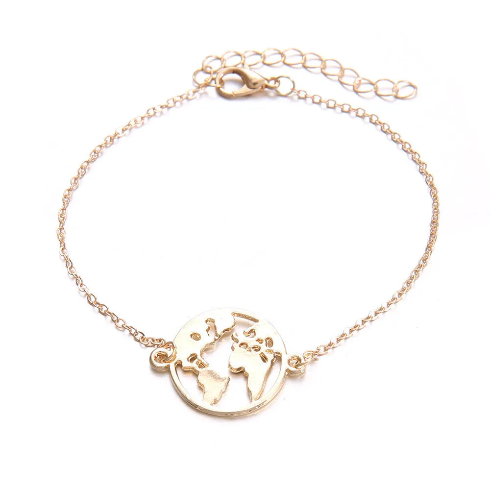 Three silver-tone alloy bracelets with heart-shaped charms featuring aircraft and map designs.