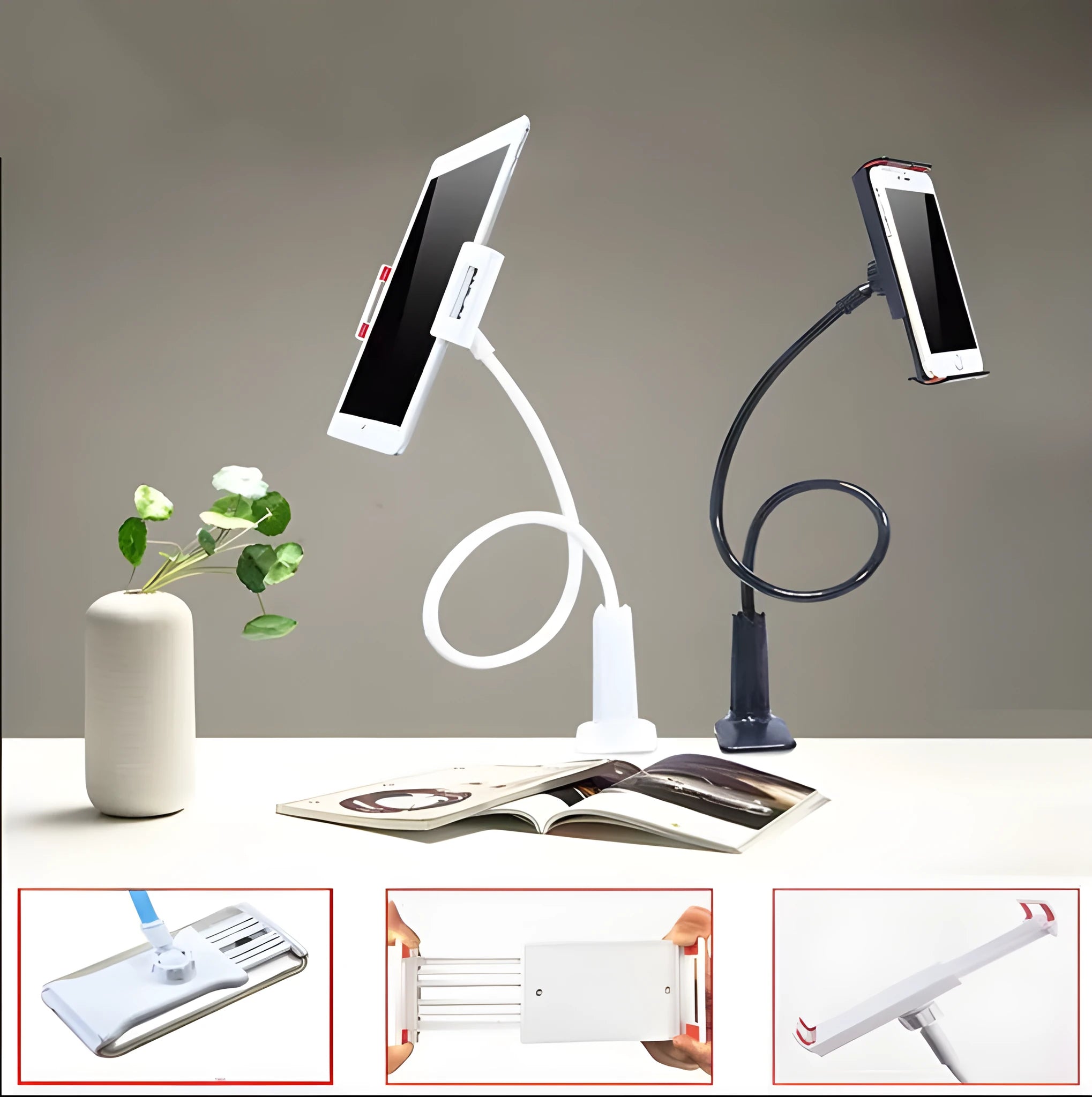 Black aluminium alloy phone holder with flexible arm on a wooden table holding a mobile phone.