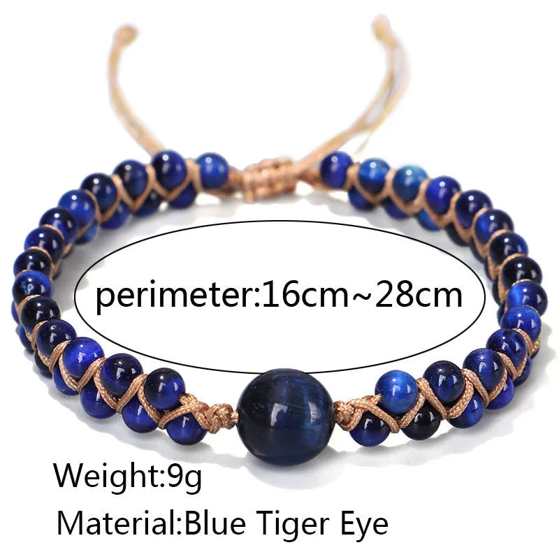 Handmade woven geometric pull bracelet in blue tigereye stone with adjustable closure.