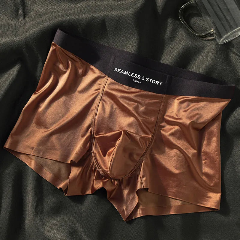 Men's ice silk underwear in satin finish showing mid-waist traceless design in coffee colour