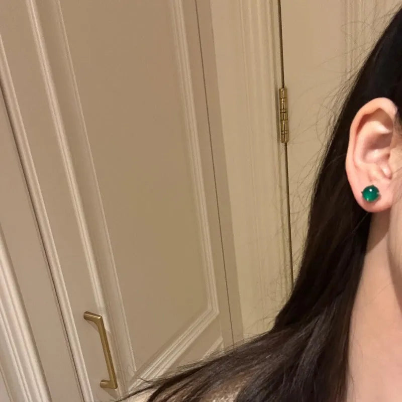 Chinese style geometric chalcedony stud earrings with four-claw setting in copper