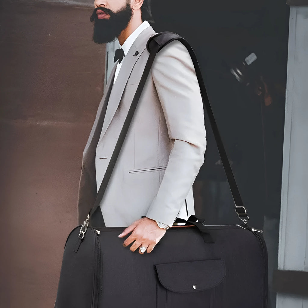 Folding duffel bag in Oxford cloth, shown in dark blue, with a 36-55 litre capacity for travel and gym use.