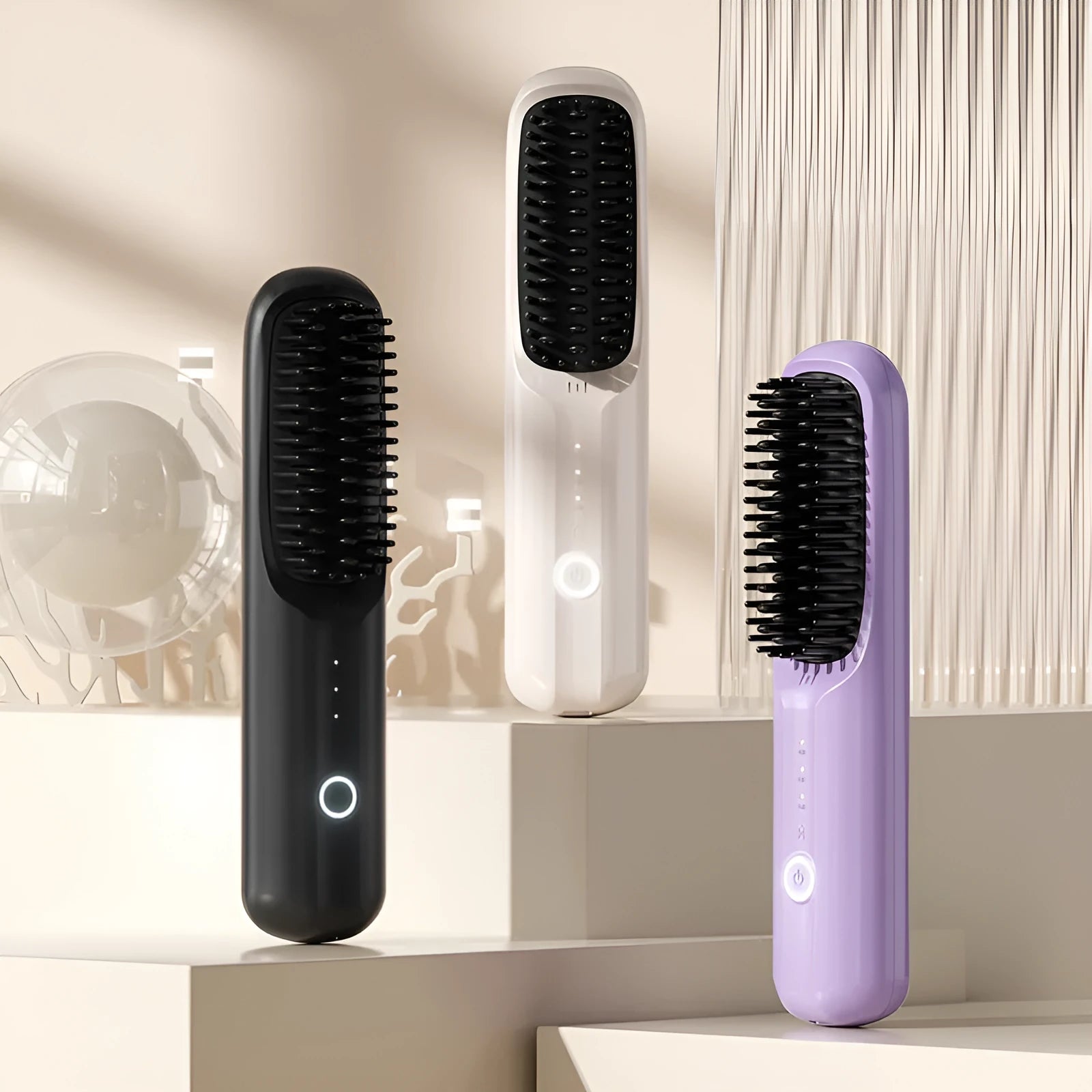 Wireless anion straight comb in beige, black, pink, or purple colours with USB-C charging port.