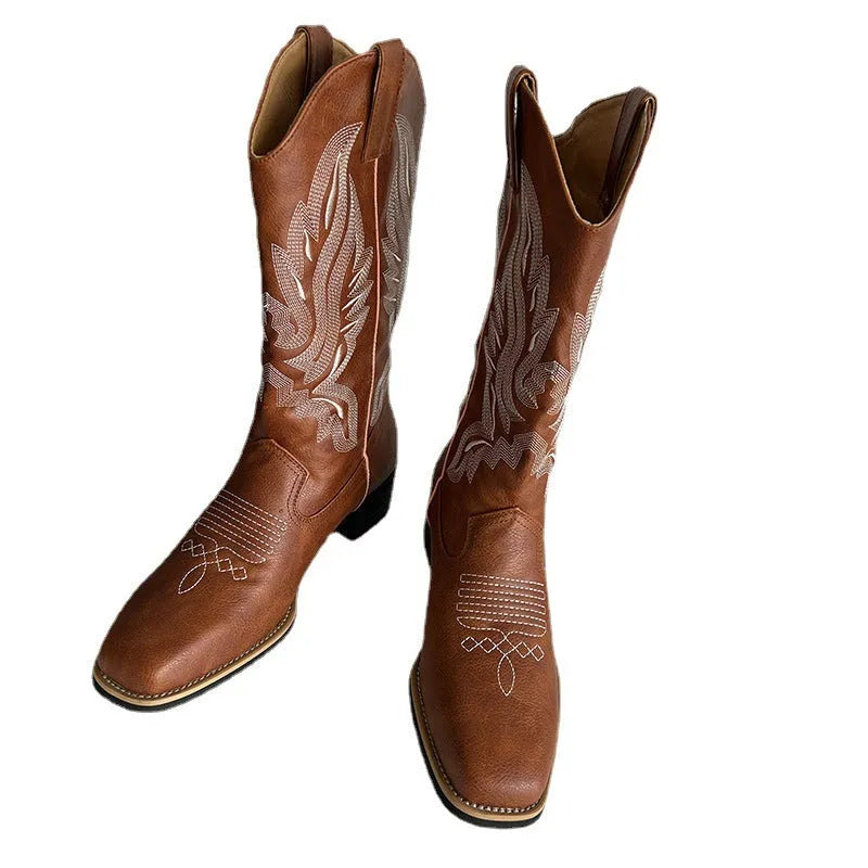Brown women's mid-calf lace-up Martin boots with embroidery detail on the shaft