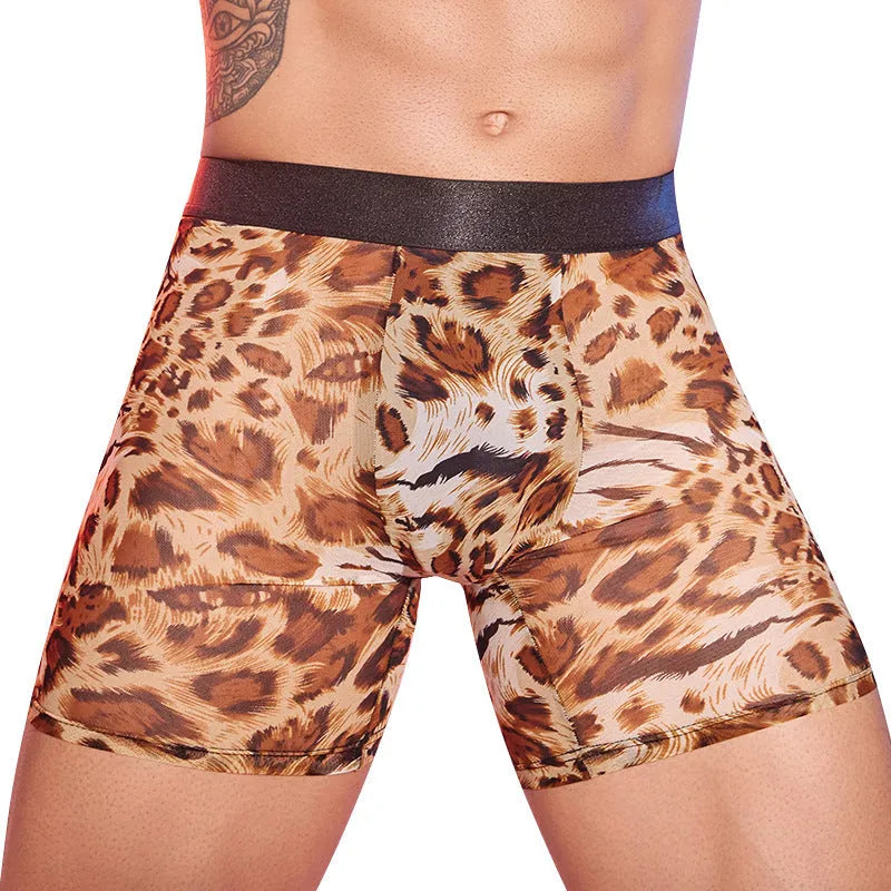 Men's leopard print nylon boxers laid flat, showing free-size design.