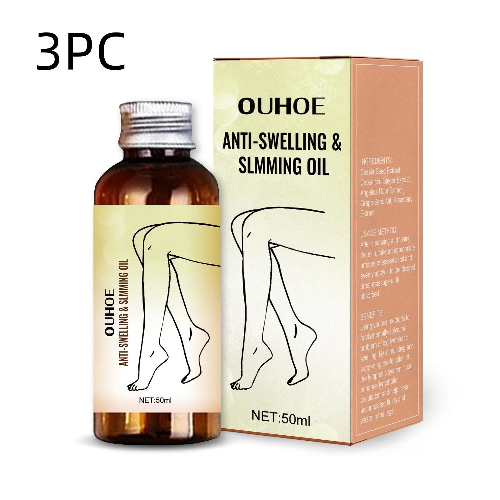 50ml bottle of moisturising body oil with botanical extracts for leg massage and skin care